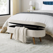 Oval Storage Ottoman Bench, Upholstered Storage Bench with Rubberwood Legs, Multifunctional Entryway Bench for Bedroom L