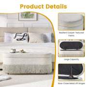 Oval Upholstered Storage Ottoman with Fringe Trim, 39.4"