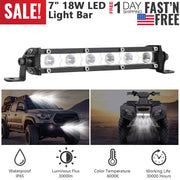 7" LED Light Bar Single Row Offroad Spot Lights 18W Ultra Slim Straight Work Light for Trailer Truck Bus Boat