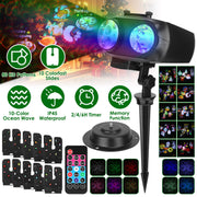 2 In 1 Holiday Projector Light Projection Lamp Indoor Outdoor with 10-Color Ocean Wave 10 HD Slides 3 Bases Remote Control for New Year Valentine\'s D