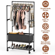 Double Rod Garment Rack – Adjustable, Portable with Shelves & Wheels