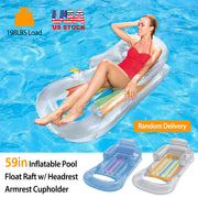 59in Inflatable Pool Float Raft with Headrest Armrest Cupholder Swimming Pool Lounge Air Mat Chair