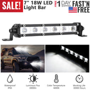 7" LED Light Bar Single Row Offroad Spot Lights 18W Ultra Slim Straight Work Light for Trailer Truck Bus Boat