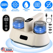 15000PA Double-Cup Bed Vacuum Cleaner with UV-C Light Cordless Mattress Vacuum Rechargeable Dust Mites Remover with 3 Washable Filters