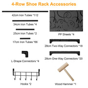 8-Tier 4-Row Shoe Rack Metal Shoe Storage Shelf Free Standing Large Shoe Stand 56 Pairs Shoe Tower Unit Tall Shoe Organizer with 2 Hooks for Entryway