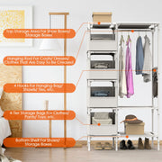 Portable Closet Wardrobe Clothes Storage Cabinet Organizer Garment Hanging Rack Shelves with 4 Storage Bags 1 Shelf 1 Hanging Rod 4 Hooks