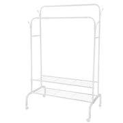 Garment Hanging Rack Clothing Hanging Rail Pillow Shoe Display Organizer Clothes Organizer Stand with 2 Rails 2 Shelves 4 Rolling Wheels 4 Hooks