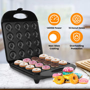 Mini Donut Maker Machine For Kids Snack Breakfast Desserts With 16 Doughnuts Holes Non Stick Coating Double-Side Heating Plates Overheating Protection