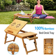 Bamboo Laptop Desk Breakfast Serving Bed Tray Foldable Leg Multi-Position Adjustable Tilt Surface Bed Lap Tray with Side Storage Drawer for Work Study