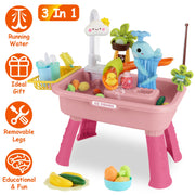 3 In 1 Kitchen Sink Toy with Electric Faucet Water Table Fishing Game Role Play Sink Set Indoor Outdoor for Kids Aged 3+ Years Old