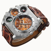 MenÕs Quartz Watch Two Time Zone Big Face Military Style Compass Thermometer Decorative Dial PU Leather Strap