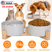 Double 28.7Oz Ceramic Pet Bowls Dog Cat Bowls with Wooden Stand Raised Pet Feeder for Small Dogs Cats