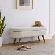 Oval Storage Ottoman Bench, Upholstered Storage Bench with Rubberwood Legs, Multifunctional Entryway Bench for Bedroom L