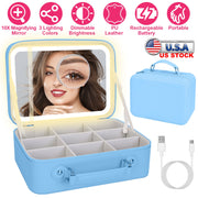 Travel Makeup Bag With 3 Light Colors Dimmable Brightness LED Mirror Detachable 10X Magnifying Mirror Adjustable Dividers Portable Waterproof Cosmetic