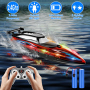 RC Boat With Colorful LED Light 10KM/H 40Mins 2.4Ghz Remote Control Racing Boat Toys With 2 Batteries Low Battery Alarm Overreach Warning For Pools La