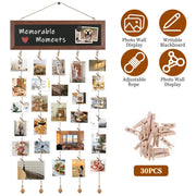 Wooden Hanging Picture Frame Photo Display String Ropes with 30 Clips Writable Blackboard Wall Decoration Postcard Artwork Picture Organizer