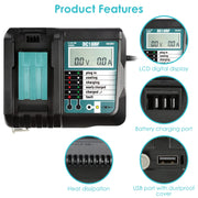 Rapid Charger Replacement Fit for Makita 14.4-18V Battery BL1860 BL1830 BL1850 withLCD Display USB Port