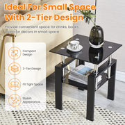 Tempered Glass Side Table 2-Tier Black End Table Set of 2
