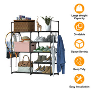 5 Tiers Plus 3 Tiers Shoe Rack Metal Shoe Storage Shelf Free Standing Shoe Stand 16+ Pairs Shoe Tower Unit Tall Shoe Organizer with 2 Row Hooks for En