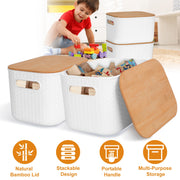 2Pcs Storage Bins with Bamboo Lids Stackable Plastic Storage Container with Handle Storage Box Accessories Holder for Bedroom Kitchen Shelf Closet