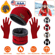 Winter Knitted Hat Scarf Gloves 3Pcs Winter Warm Beanie and Touch Screen Gloves Scarf Set Knit Beanie Skull Cap Neck Warmer Mittens for Men Women