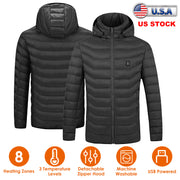 Heated Jacket Electric Heating Coat Lightweight Winter Hooded Jacket with 3-Level Heating Modes 8 Heating Zones Detachable Zipper Hood