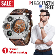 MenÕs Quartz Watch Two Time Zone Big Face Military Style Compass Thermometer Decorative Dial PU Leather Strap