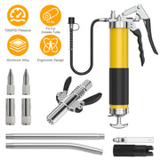 Grease Gun Kit Fit for 14 Oz Grease Tube 7000 PSI High Pressure Pistol Grip Grease Gun with Lock Coupler 11.8Ó Spring Flex Hose Jaw Couplers Sharp Noz