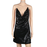 Sexy Women Chain Choker Side Slit Backless Slip Dress With Sequins