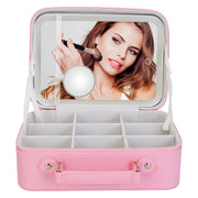 Travel Makeup Bag With 3 Light Colors Dimmable Brightness LED Mirror Detachable 10X Magnifying Mirror Adjustable Dividers Portable Waterproof Cosmetic