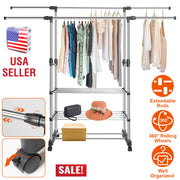 Extendable Garment Hanging Rack Clothing Hanging Rail Pillow Shoe Display Organizer w/ Rolling Wheels Hold up to 77LBS