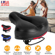 Bike Seat Water-Resistant Comfortable Bicycle Padded Saddle Wear Resistant Hollow Leather  Seat Cushion w/ Dual Springs Reflective Strip for Mountai