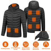Heated Jacket Electric Heating Coat Lightweight Winter Hooded Jacket with 3-Level Heating Modes 8 Heating Zones Detachable Zipper Hood