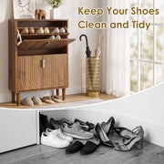 Slim Shoe Storage Cabinet with 2 Flip Drawers & Gold Handles