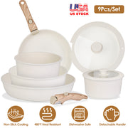 9Pcs Nonstick Cookware Set Kitchen Pots and Pans Set With Detachable Handles Tempered Glass Lids Dishwasher Oven Safe Aluminum Alloy Kitchen Cookware