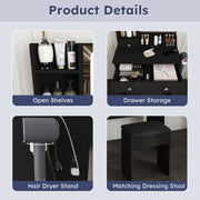Vanity Desk Set Makeup Dressing Table with Stool, Lighted Mirror, 3 Drawers, 3 Open Shelves, 3 Open Cubbies, Power Stati