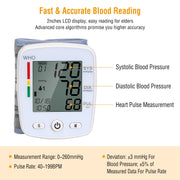 Blood Pressure Monitor Wrist Digital High Blood Pressure Cuff Heartbeat Tester with  90x2 Reading Memory 2In LCD Screen Storage Box
