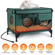 Waterproof Heated Cat House Outdoor Weatherproof Insulated Kitty Shelter Feral Cat Heating Bed with Heating Pad Anti-Chew Cord 2 Doors 3 Windows for I