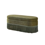 Oval Upholstered Storage Ottoman with Fringe Trim, 39.4"