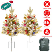2Pcs Battery Powered Lighted Christmas Tree Urn Filler With Light Artificial Xmas Trees Light with Berries Balls LED Pathway Pine Tree IP44 Waterproof
