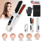 2 In 1 Ceramic Hair Straightener Flat Iron Cordless Hair Straightener Brush Hair Portable Styling Iron with Carry Bag Anti-scald Gloves 2 Hairpins