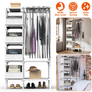 Portable Closet Wardrobe Clothes Storage Cabinet Organizer Garment Hanging Rack Shelves with 4 Storage Bags 1 Shelf 1 Hanging Rod 4 Hooks