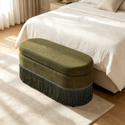 Oval Upholstered Storage Ottoman with Fringe Trim, 39.4"