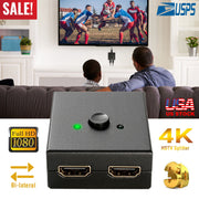 HD IN & HD OUT Bi-directional Switch Adapter 1x2 or 2x1 4K HDTV Splitter Converter Hub Manual Switcher Supports HD 3D 1080P for DVD HDTV Projector Dis