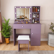 Purple Vanity Desk with Lighted Mirror & Padded Stool