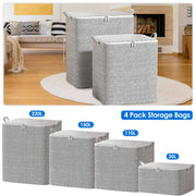4 Pack Foldable Non Woven Storage Bags Closet Organizers Wardrobe Sorting Baskets with 2 Handles Dustproof Lid Zipper for Clothes Quilt 30L 110L 150L
