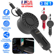 21W 3 In 1 Retractable Car Charger Fast Car Charger Mini Car Phone Charger with USB Port Type-C Cable LT & Micro Cable Fit For IOS Phone 15/14/13 And