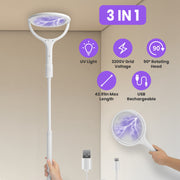 3 In 1 Electric Bug Zapper Racket 90¼Rotating Bug Zapper Wand Indoor Outdoor Handheld Mosquito Swatter with Telescopic Extension Wand