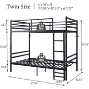 Twin Over Twin Metal Bunk Bed with Ladder and Guardrails