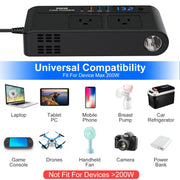 200W 12V Car Inverter DC12V to AC110V Vehicle Power Converter with 2 110V AC Outlets 1 Type-C 3 USB Ports Quick Charge Overheat Protection Voltage Dis